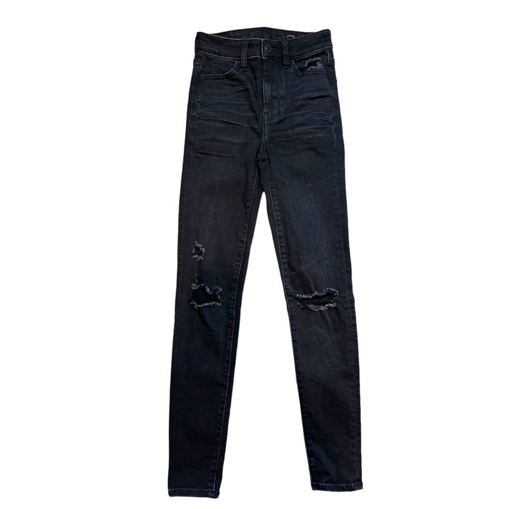 American Eagle Black Super High Rise Stretch Distressed Jeans Size 000